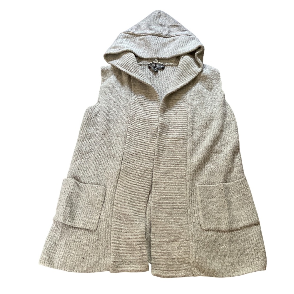 Almost Famous Womens Hooded Cardigan Vest Oatmeal Beige Knit Sleeveless Pocket M